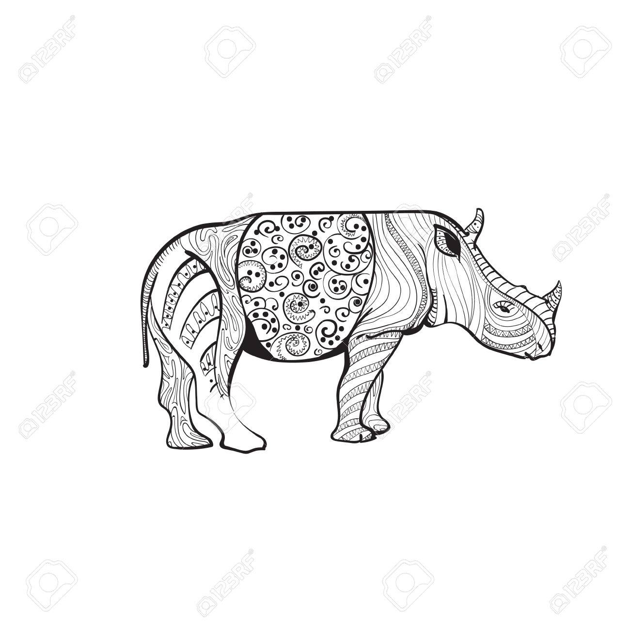 1300x1300 Rhino Drawing Zentangle Animal Full Length On White Background