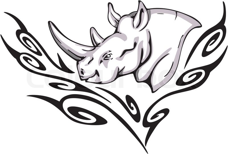 800x540 Tattoo With Rhino Head. Color Vector Illustration. Stock Vector
