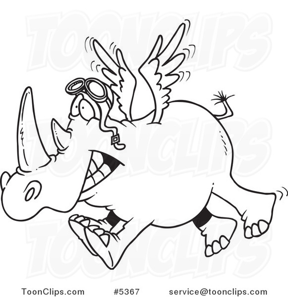 581x600 Cartoon Black And White Line Drawing Of A Flying Rhino
