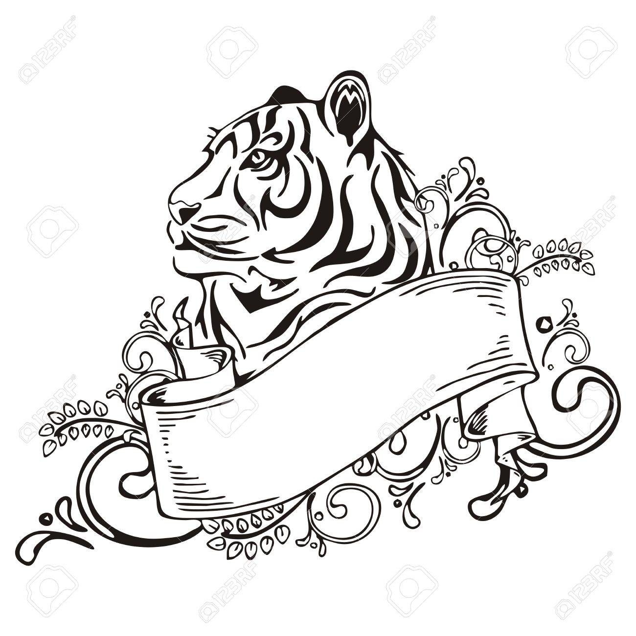 1300x1300 Tiger With Ribbon Vintage Sketch Tattoo Vector Royalty Free