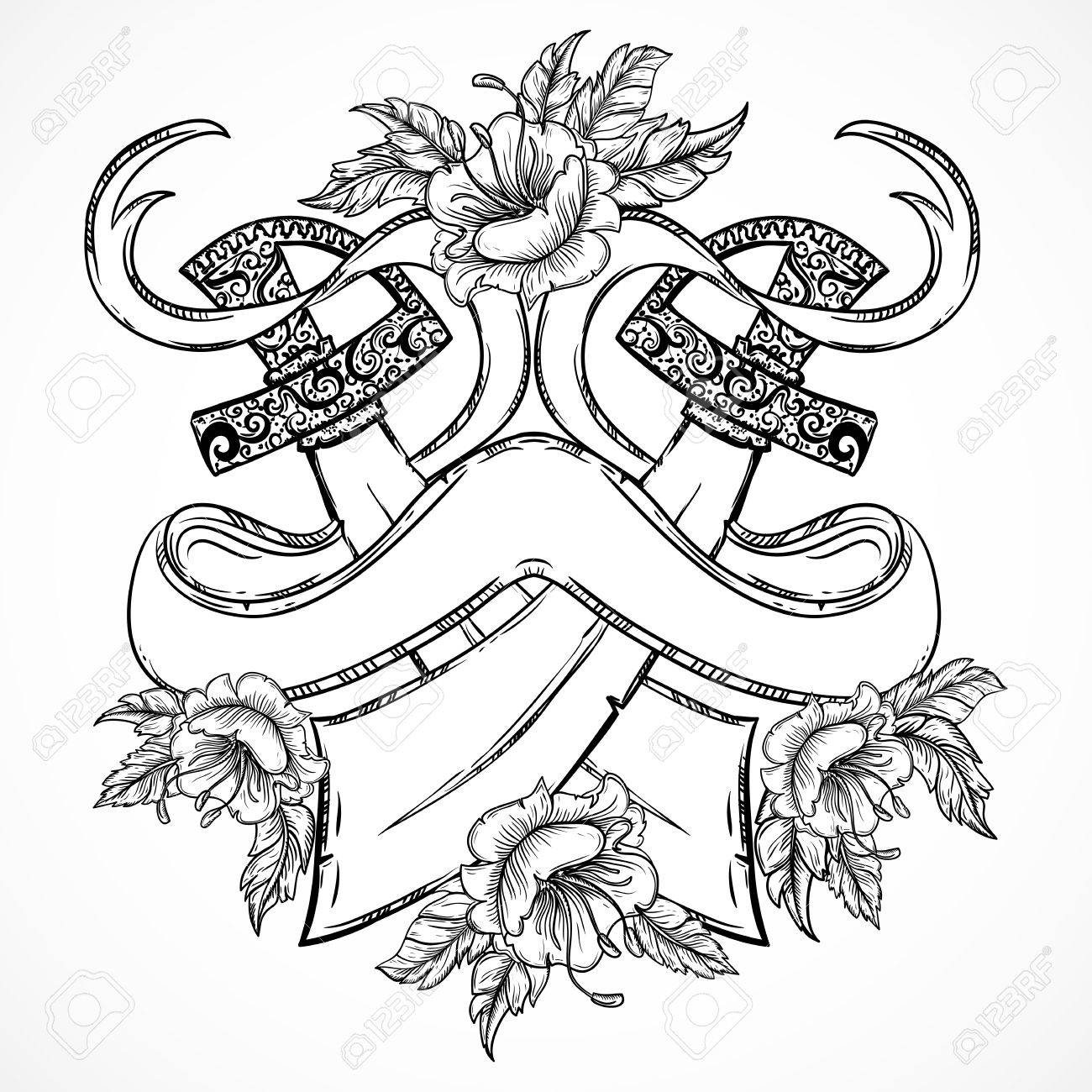 1300x1300 Pirate Sword, Flowers, Leaves And Ribbon Banner. Vintage Floral