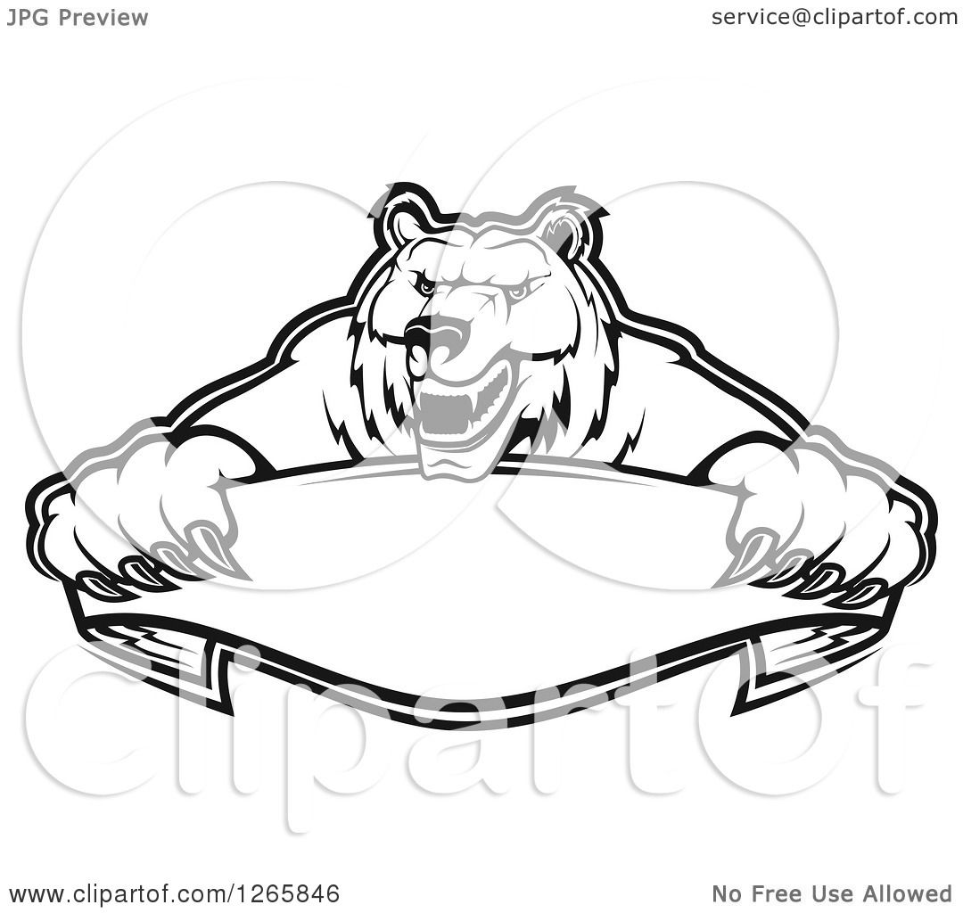 1080x1024 Clipart Of A Black And White Bear Holding A Blank Ribbon Banner