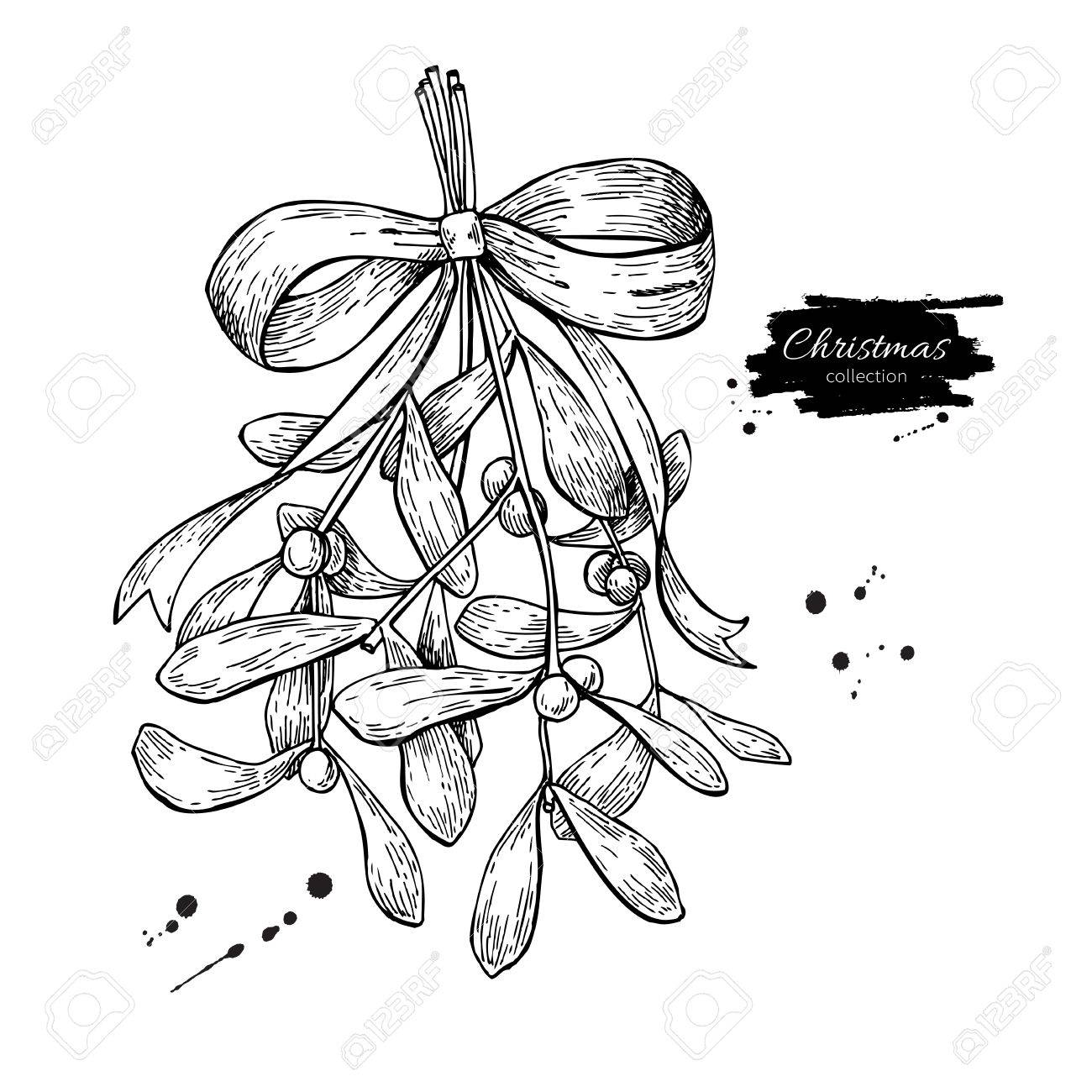 1300x1300 Mistletoe With Bow And Ribbon. Christmas Decor Plant. Hand Drawn