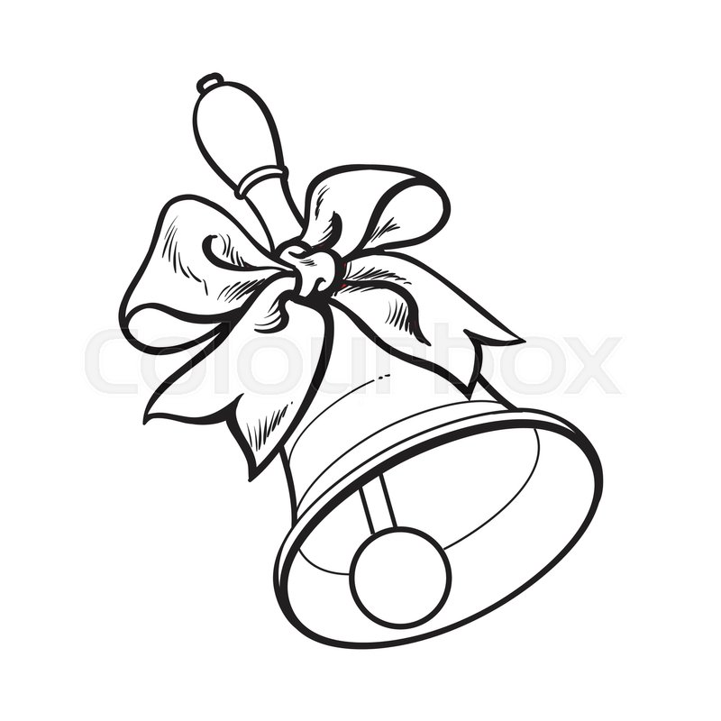 800x800 Traditional School Bell With Ribbon, Black And White Sketch Style