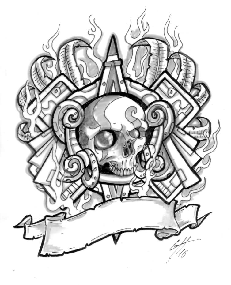 754x931 Awesome Aztec Skull With Ribbon Tattoo Design By Themacrat