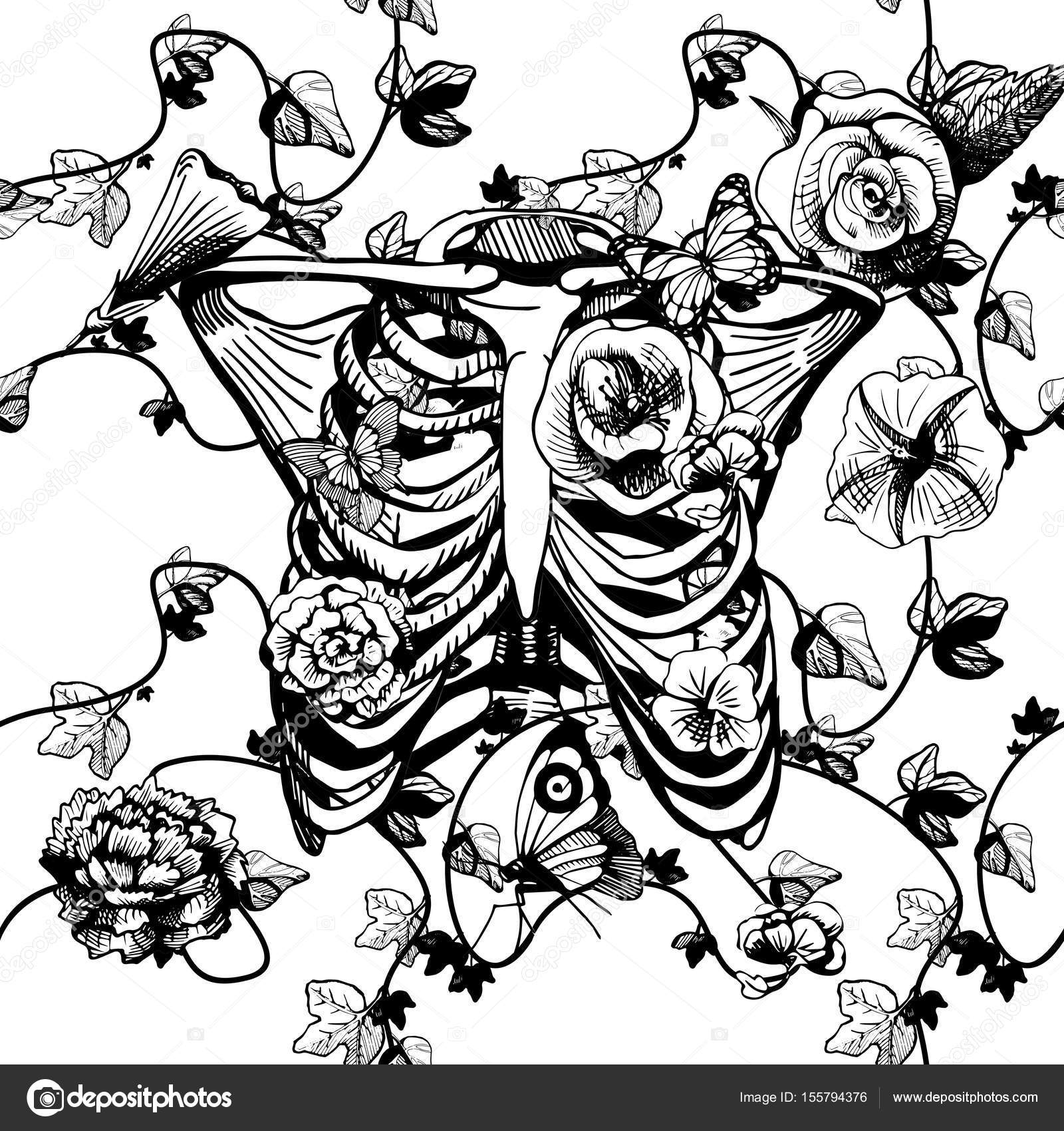 1600x1700 Black And White Ribcage With Flowers Stock Vector Istryistry