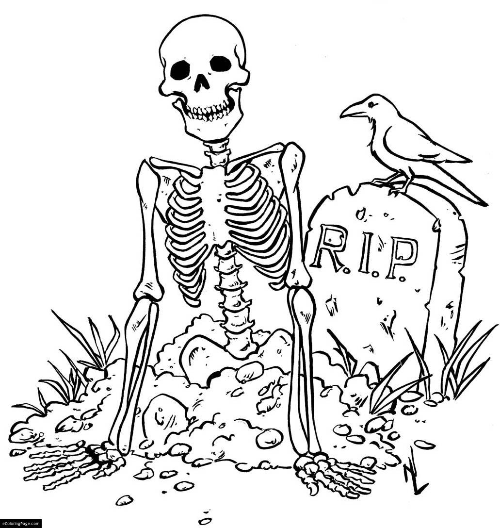 1031x1088 Skeleton And R.i.p. Grave Halloween Coloring Page For Kids