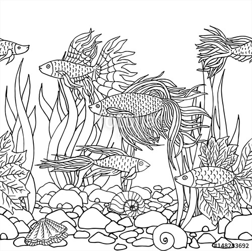 500x498 Hand Drawn Vector Fish, Seaweed, Seashells, Stones. Beautiful Hand