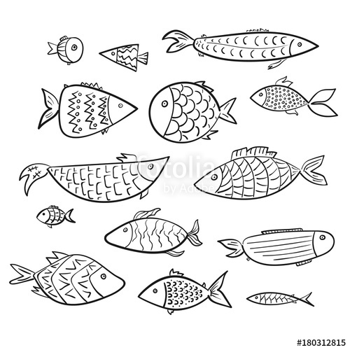 500x500 Set Of Cartoon Kids Vector Outline Fishes. Stylized Digital Hand
