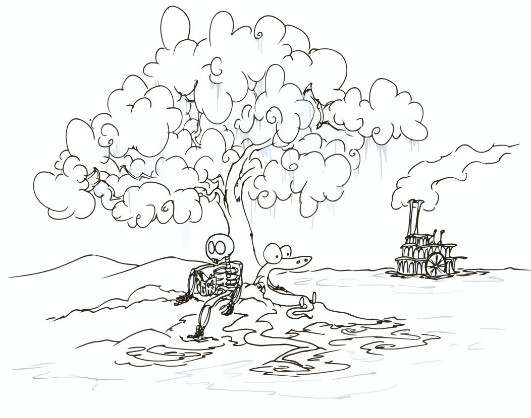 1052x830 Coloring Page Alligator And A Skeleton Sitting By The River