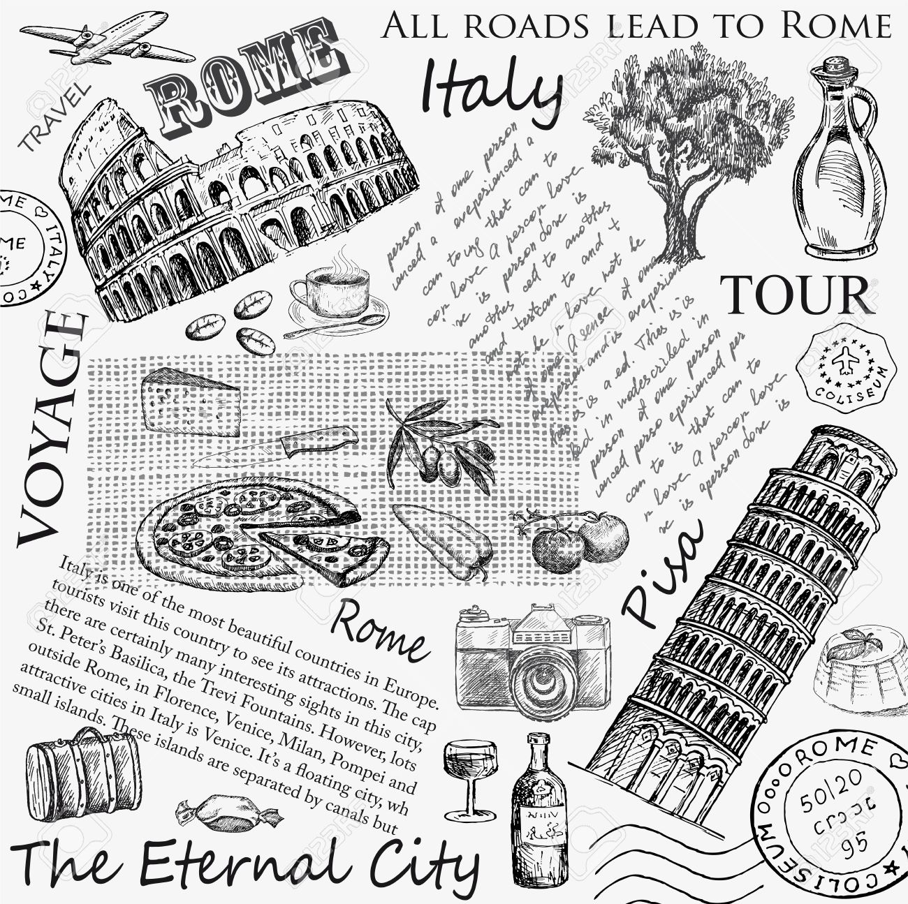 1300x1295 Rome Italy. Hand Drawing Set Of Vector Sketches Royalty Free