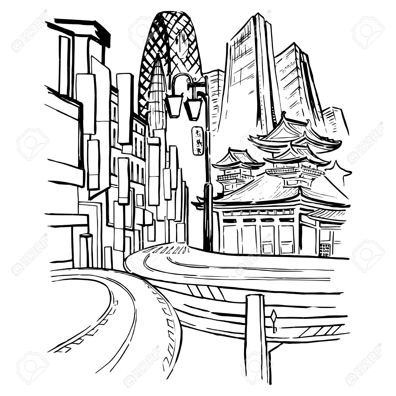 1300x1300 Sketch With Skyscrapers, Ancient Buildings And Roads Of Japan