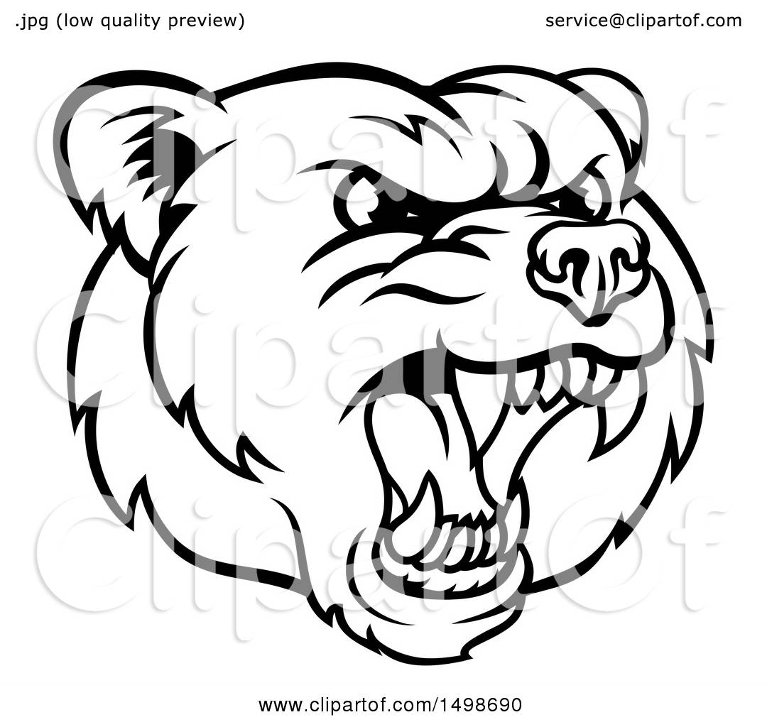 1080x1024 Clipart Of A Mad Grizzly Bear Mascot Head, Black And White