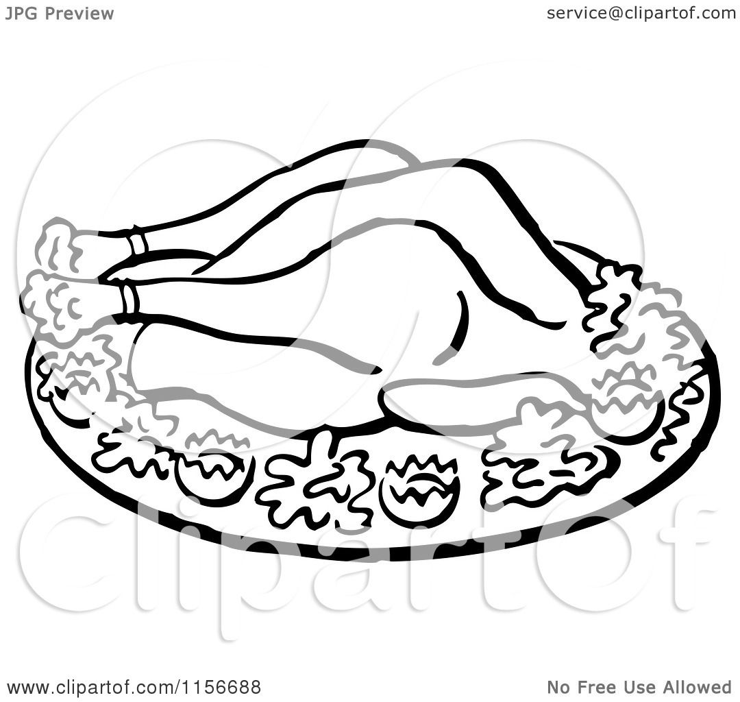 1080x1024 Clipart Of A Black And White Retro Roasted Chicken