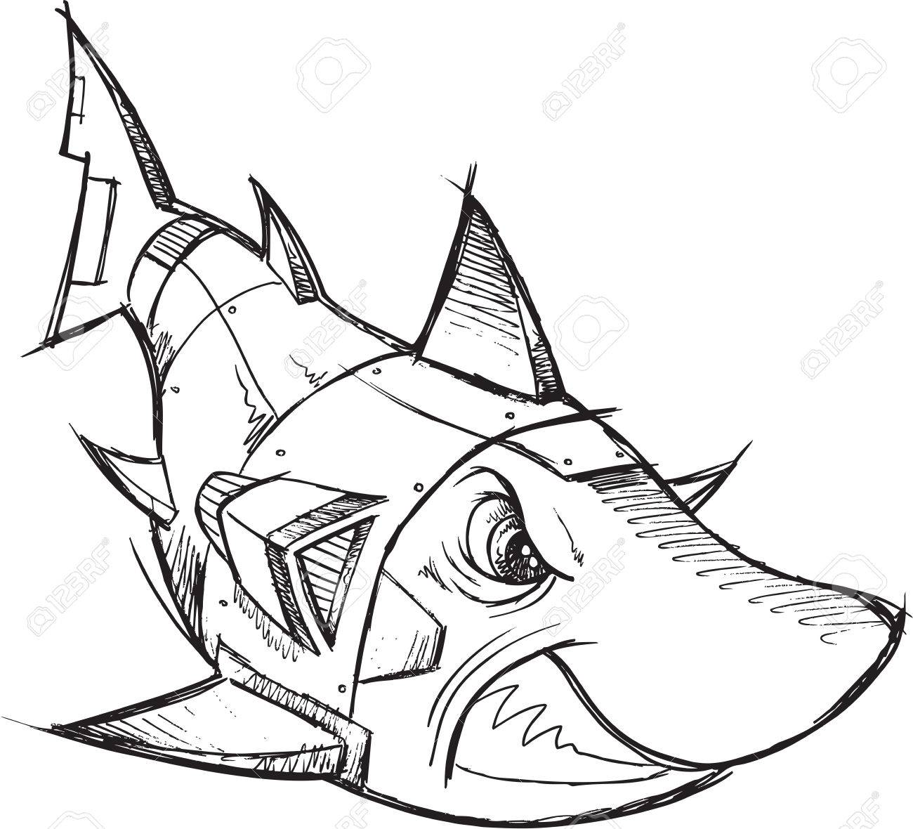 1300x1180 Cyborg Robot Shark Sketch Vector Illustration Art Royalty Free