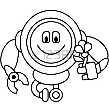 450x450 Simple Line Drawing. Kind Robot With Flower In His Hand Royalty