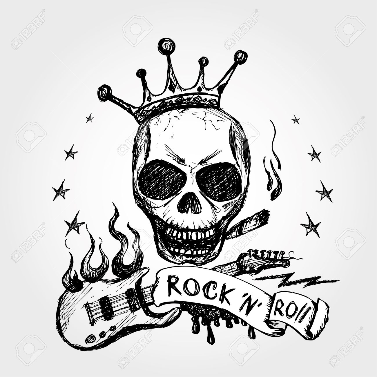 1300x1300 Rock And Roll Skull Guitar Hand Drawing. Vector. Royalty Free