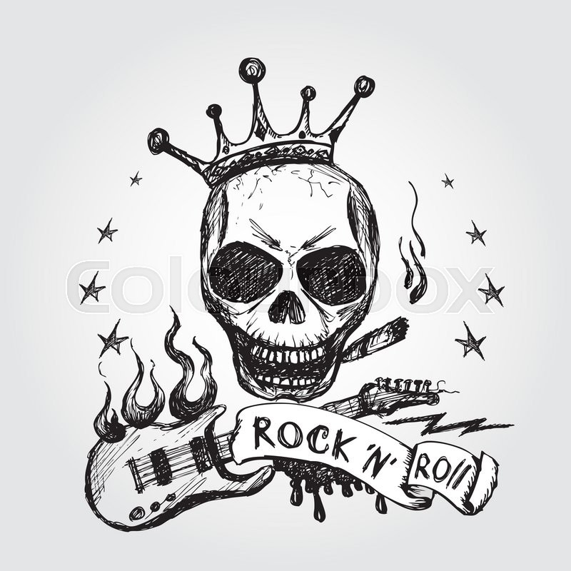 800x800 Rock And Roll Skull Guitar Hand Drawing. Vector. Stock Vector