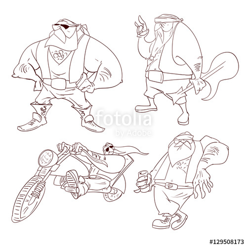 500x500 Line Drawings Vector Illustration Of A Cartoon Rocker, Biker