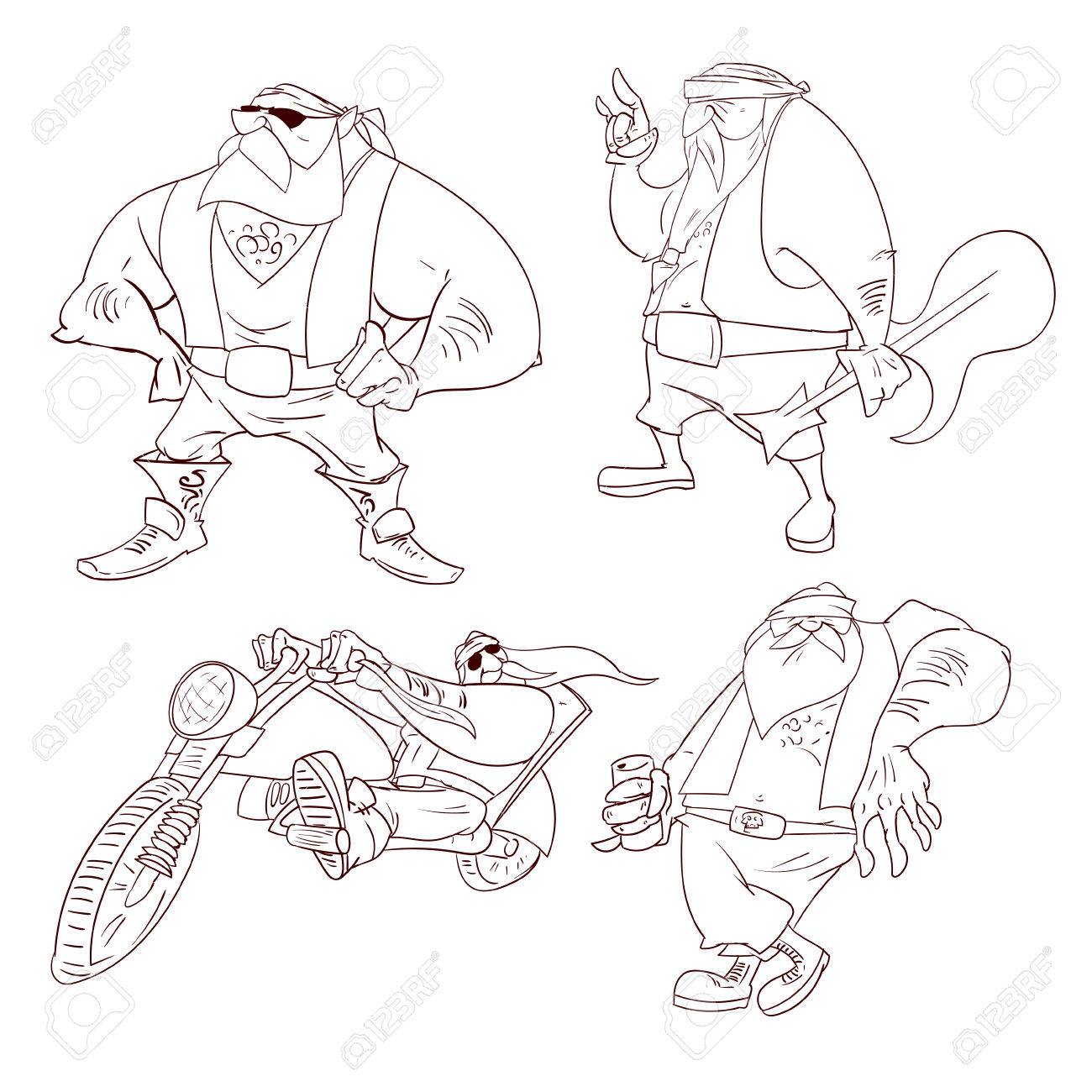 1300x1300 Line Drawings Vector Illustration Of A Cartoon Rocker, Biker
