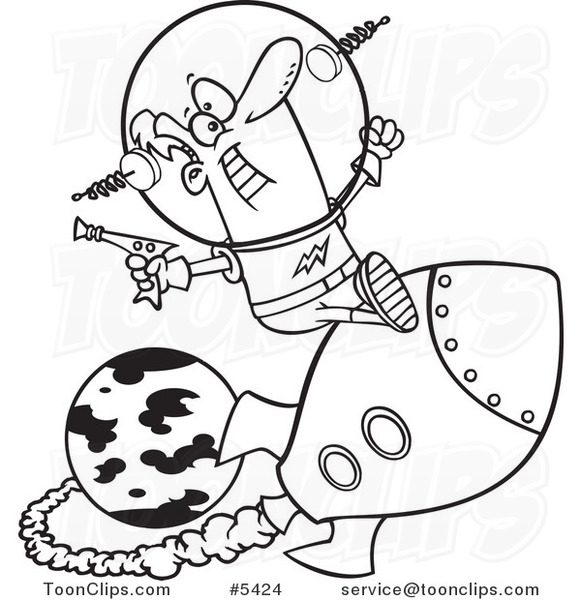 581x600 Cartoon Blacknd White Line Drawing Of Space Guy Riding