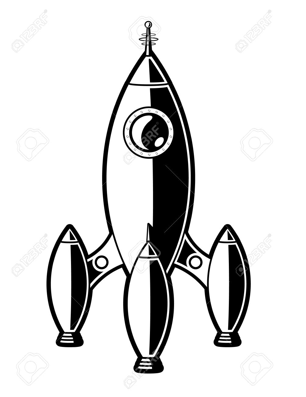 1004x1300 Rocket Ship. Blacknd White Cartoon Vector Illustration