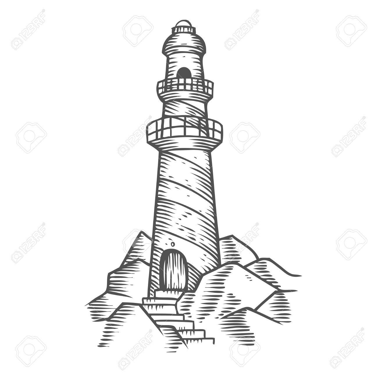 1300x1300 Lighthouse Tower On The Rocks, Hand Drawn Engraving Sketch Vector