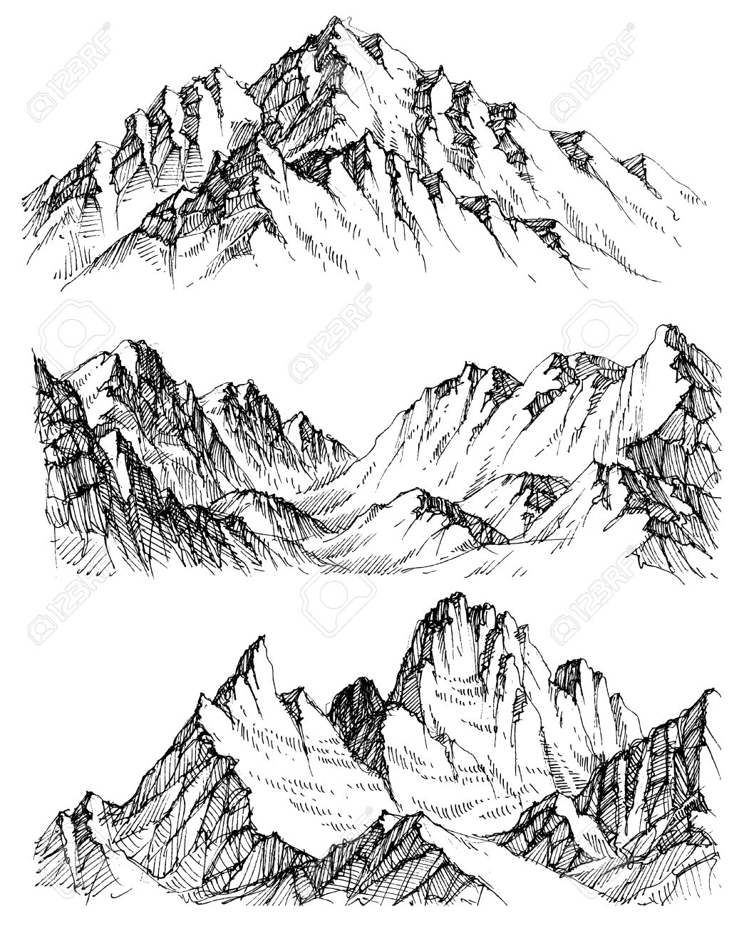 1051x1300 Mountains Vector Set. Hand Drawn Rocky Peaks Royalty Free Cliparts