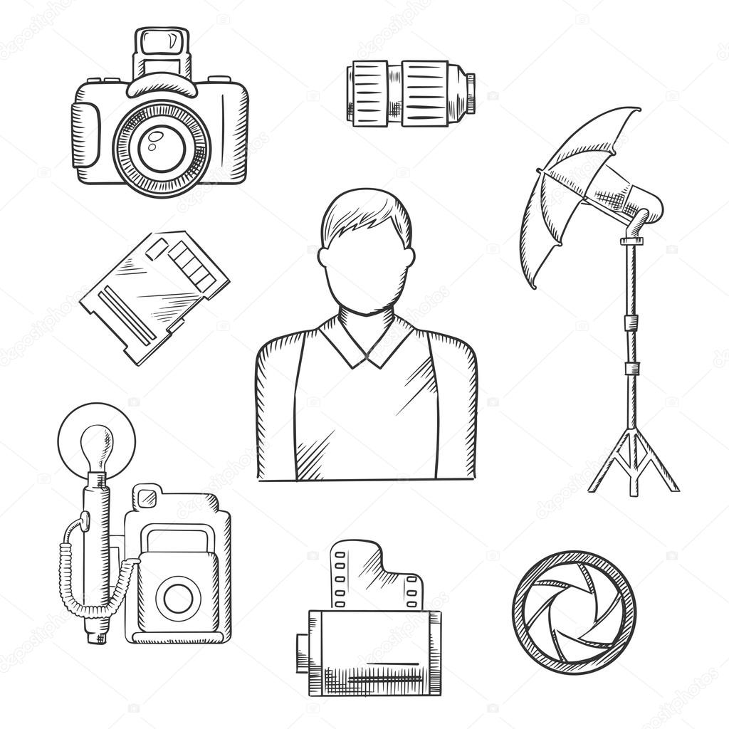 1024x1024 Photographer With Equipment And Items Sketches Stock Vector