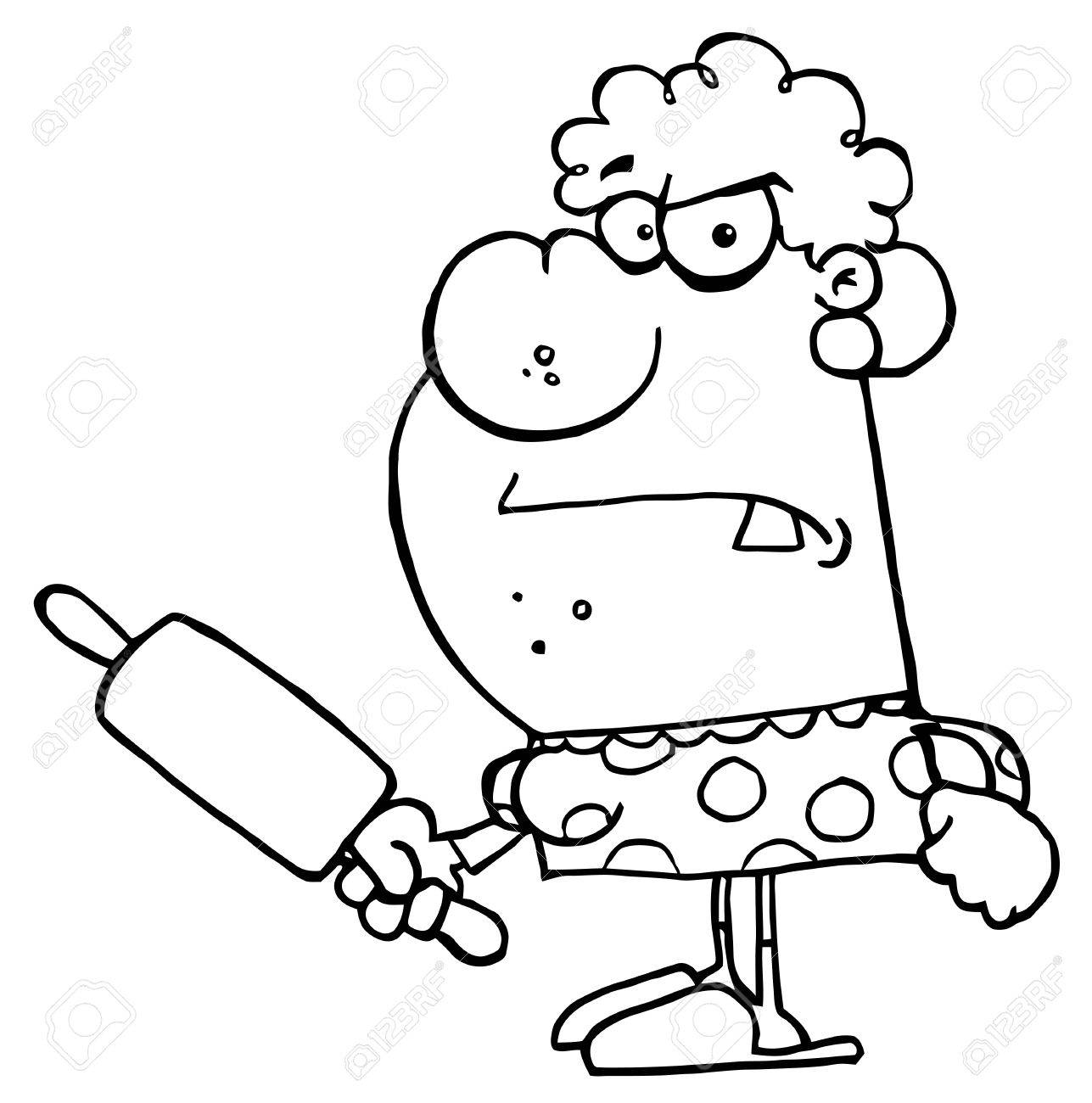 1287x1300 Mad Outlined Housewife Holding A Rolling Pin Royalty Free Cliparts