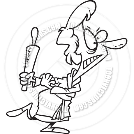 460x460 Cartoon Angry Woman With Rolling Pin (Black And White Line Art) By