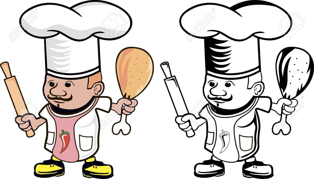 1300x742 Cartoon Drawing Of A Chef Cook With Rolling Pin And Chicken Leg