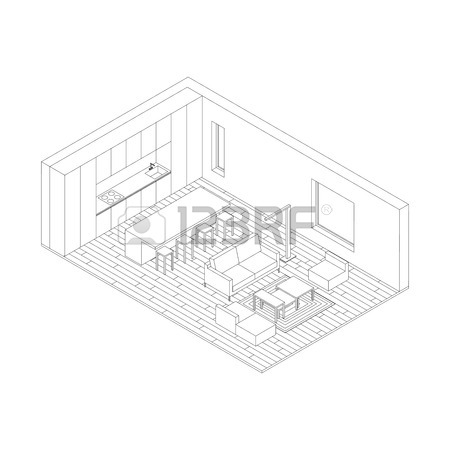 450x450 Interior Isometric Vector Rooms. Line Drawings Of Living Room