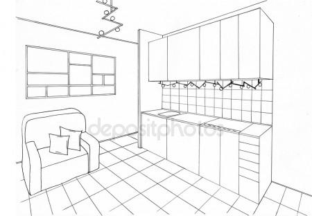 450x312 Modern Room Interior. Graphical Sketch Of Living Room