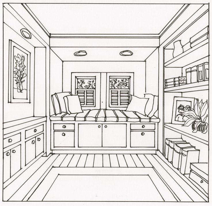 736x713 One Point Perspective Room Interior Drawing