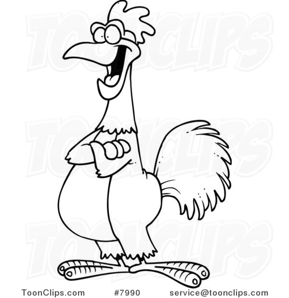 581x600 Cartoon Black And White Line Drawing Of A Happy Rooster