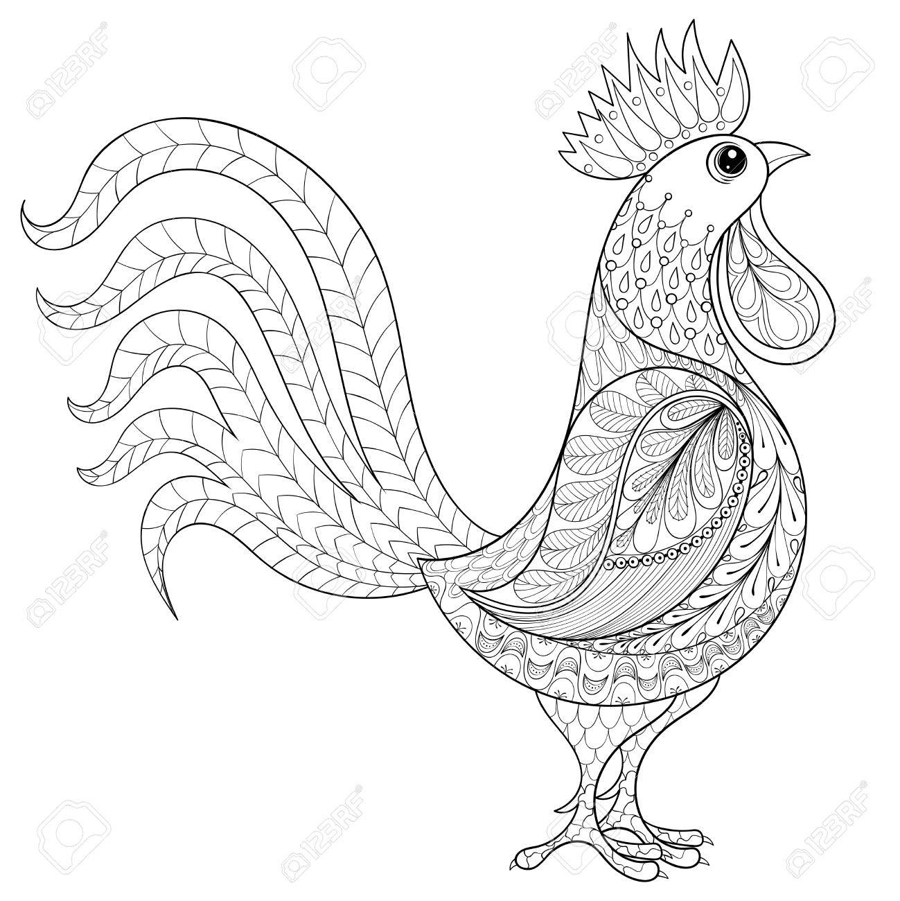 1299x1300 Vector Rooster, Zentangle Domestic Farmer Bird For Adult Coloring