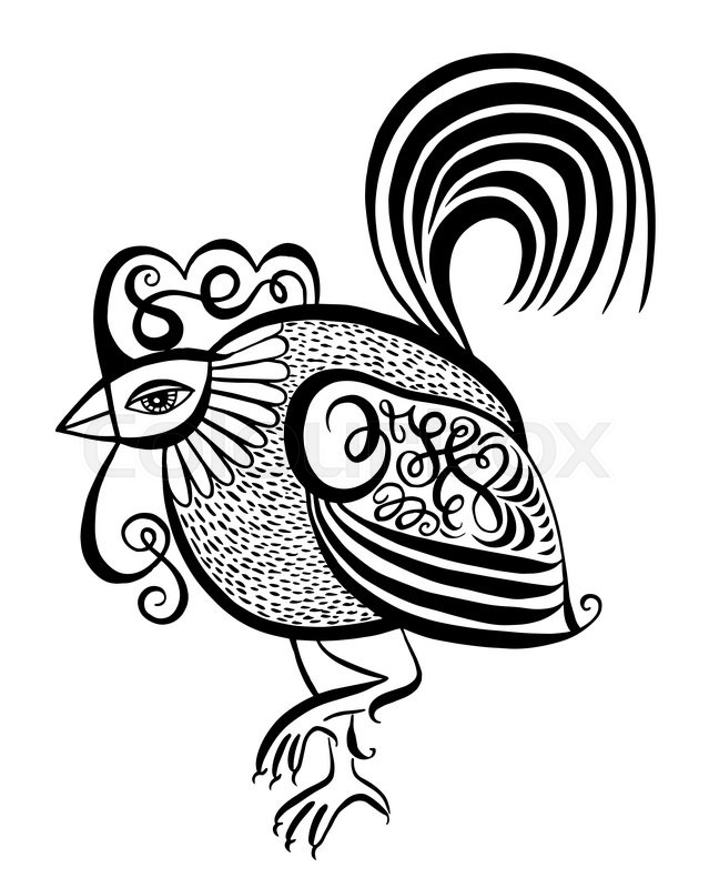 639x800 Original Black And White Line Art Rooster Calligraphy Drawing
