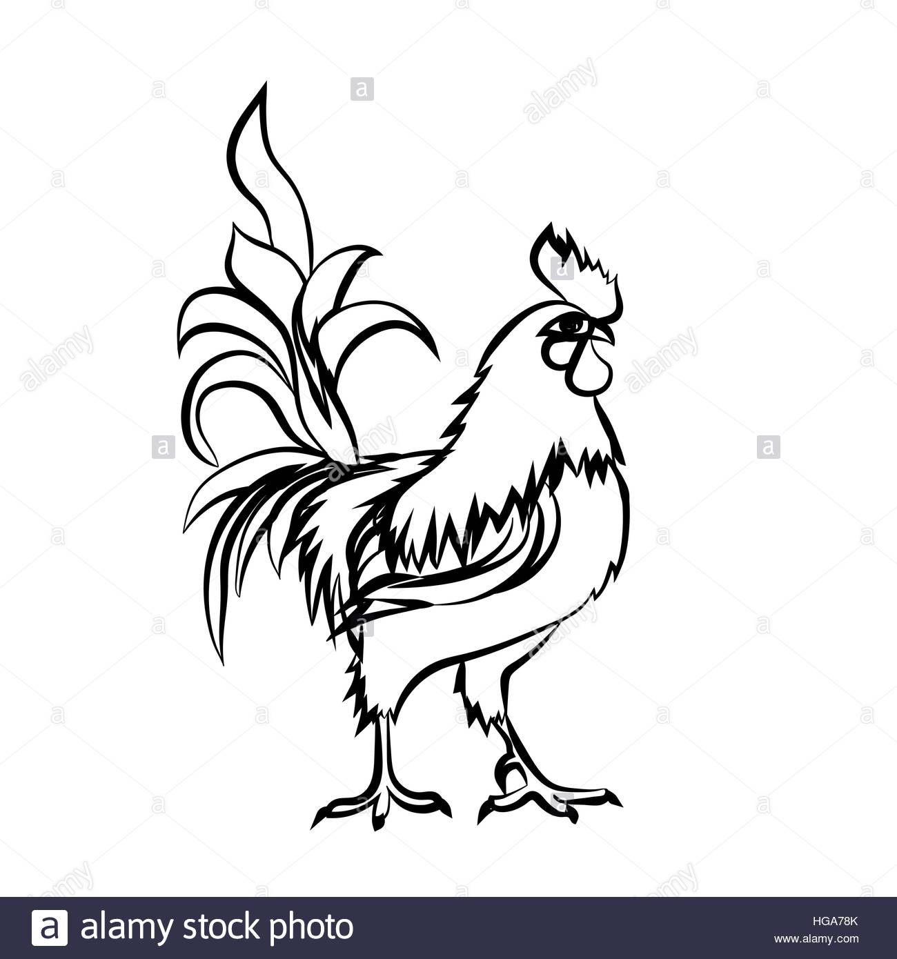 1300x1390 Black Sketch Drawing Of Rooster. Chinese New Year 2017 Stock