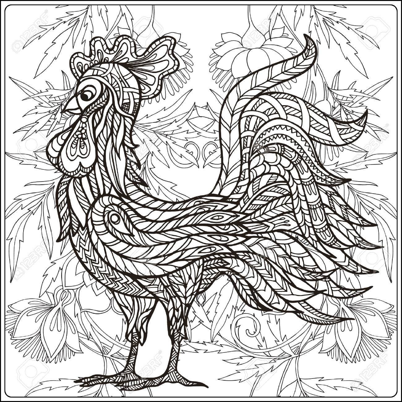 1300x1300 Rooster On Floral Background. Coloring Book For Adult And Older