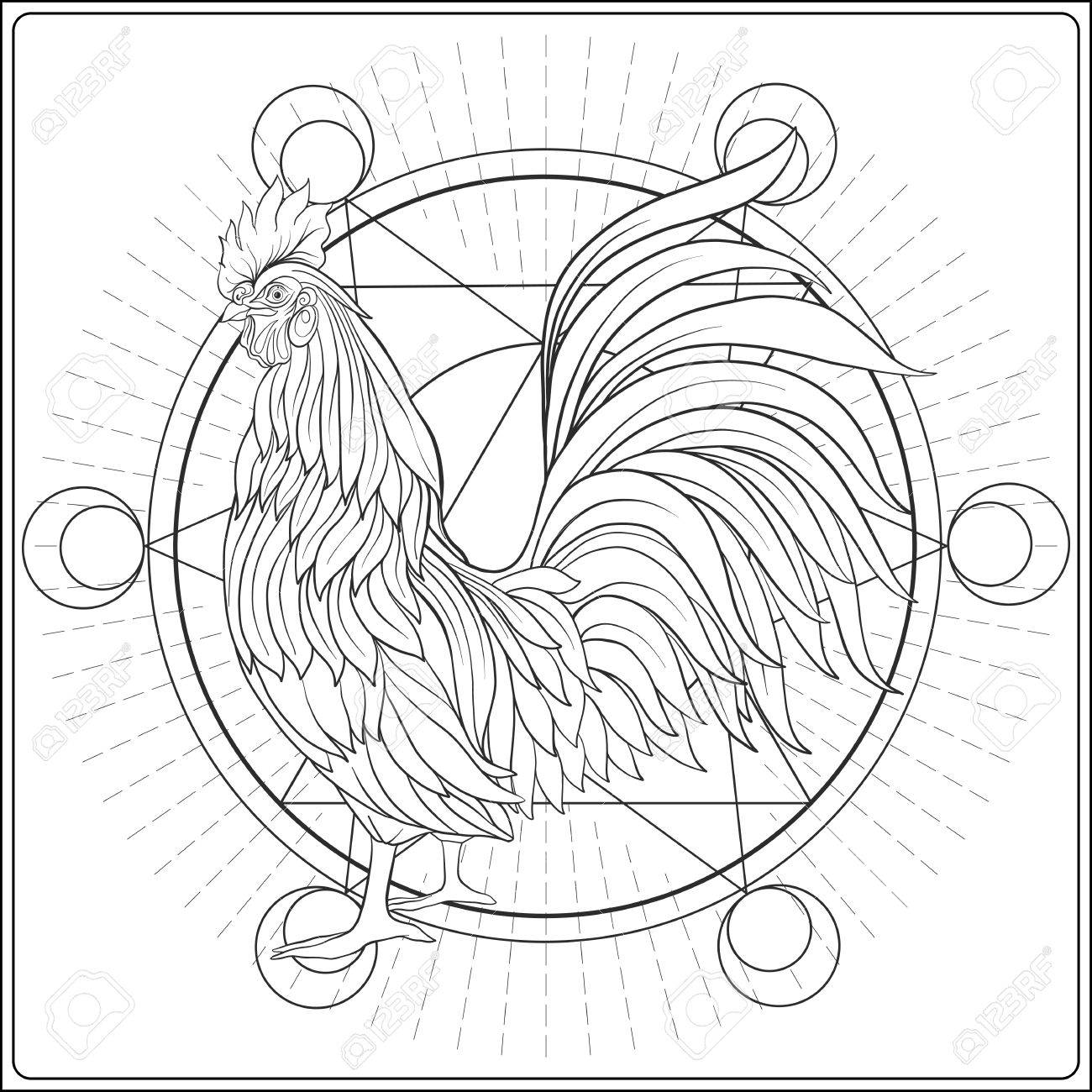 1300x1300 Decorative Rooster On Sacred Geametry Background. Chinese New Year