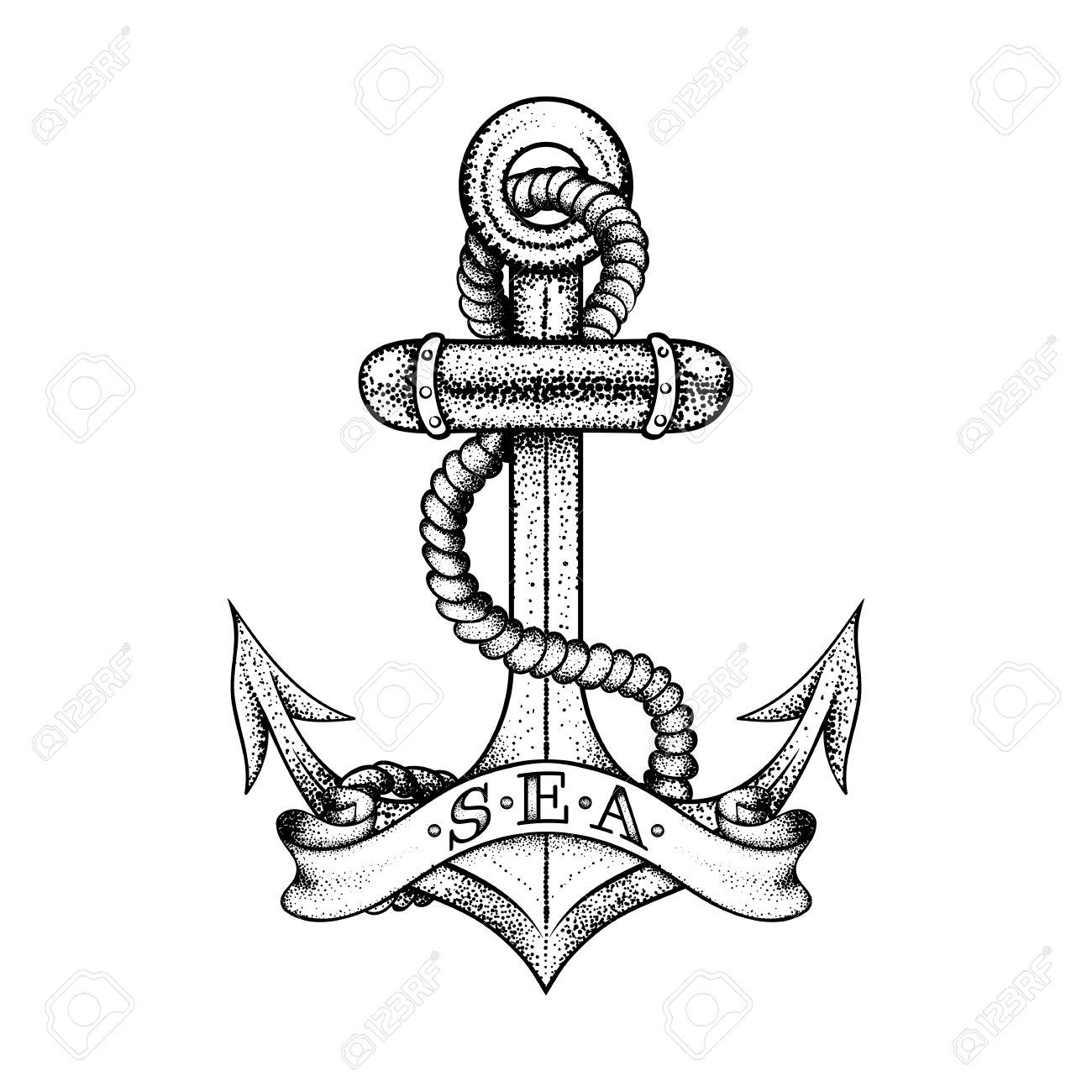 1300x1300 Hand Drawn Elegant Ship Sea Anchor With Rope And Banner, Black