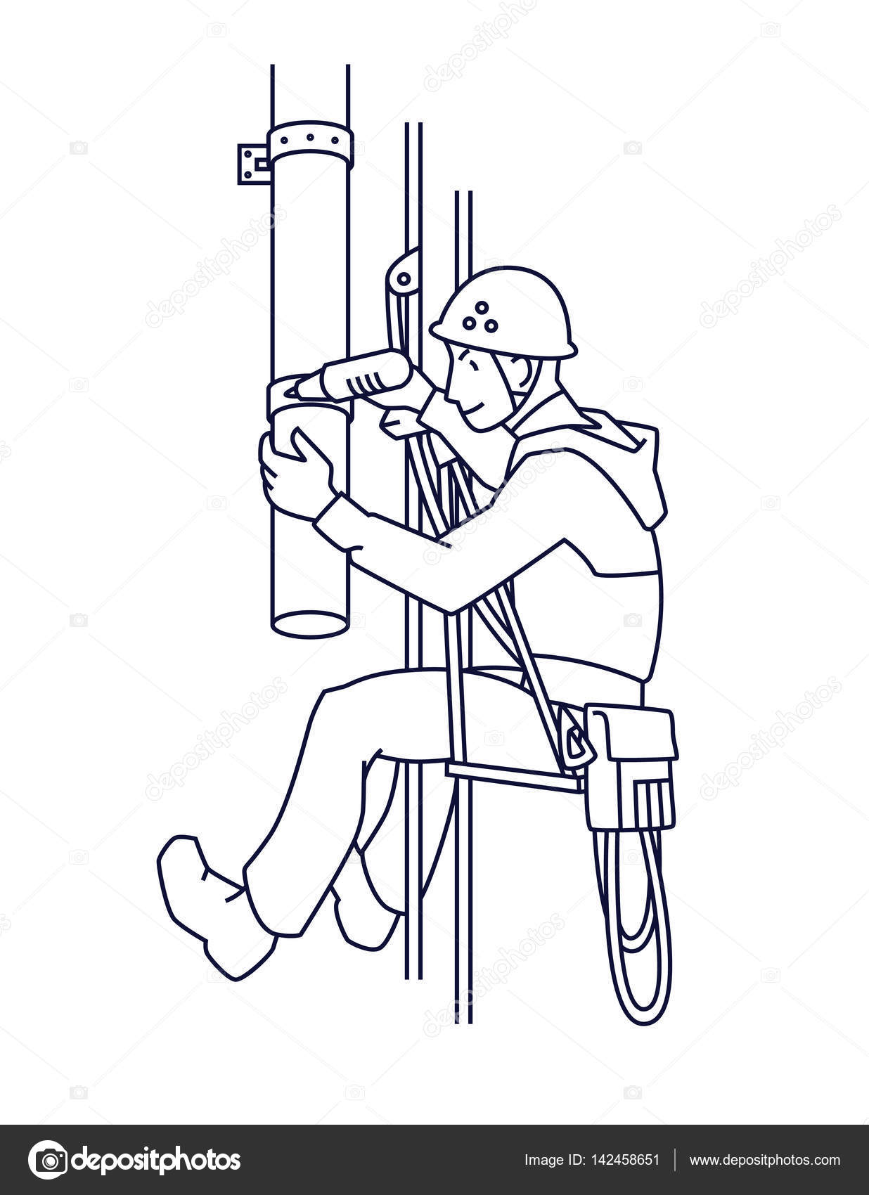1236x1700 Industrial Climber Mends Drainpipe. Rope Access. Vector. Stock