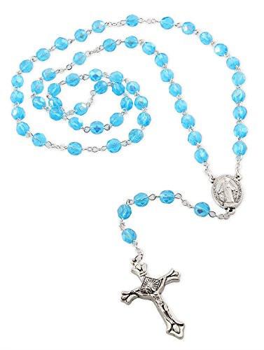 377x500 Our Lady Of Grace Medal Rosary With 6mm Light Blue Glass Crystal