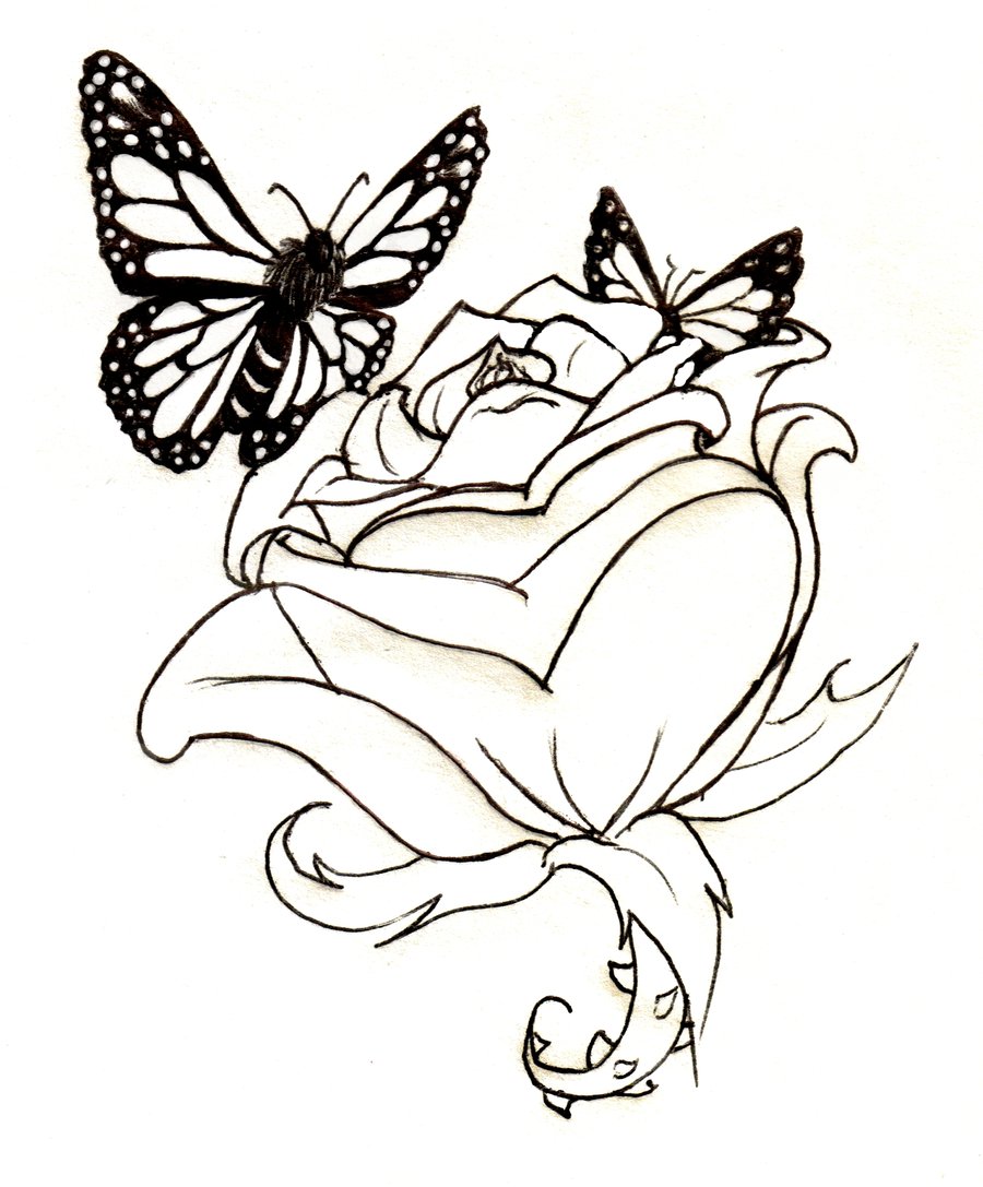 900x1087 Butterfly Roses Tattoo Lineart Rose And Butterflies By Waitkc