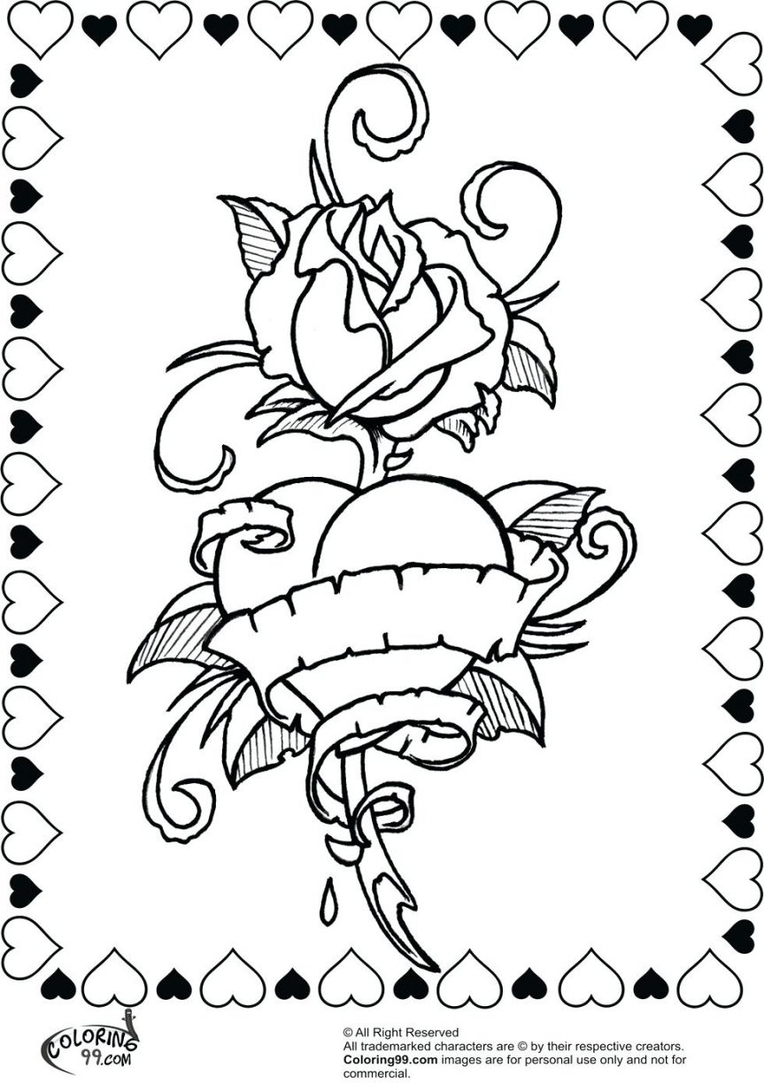 863x1233 Coloring Pages Of Cool Hearts And Rose Ribbon Printable Enjoy