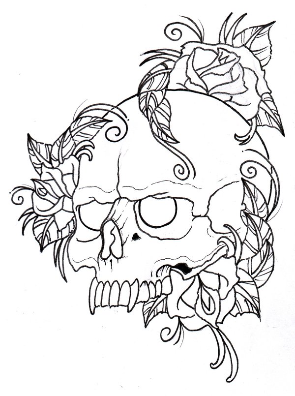 600x805 Skull And Roses Outline By Vikingtattoo