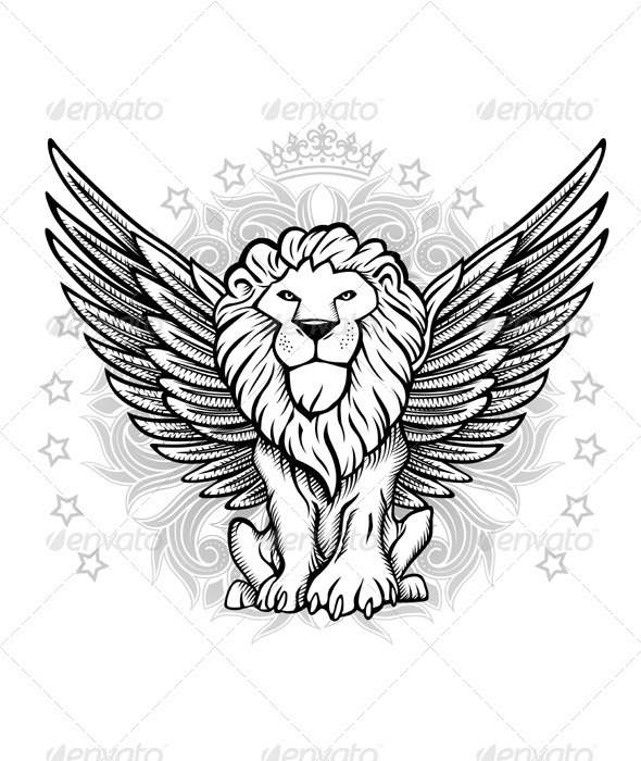 590x700 Winged Lion Front View Drawing Tattoo