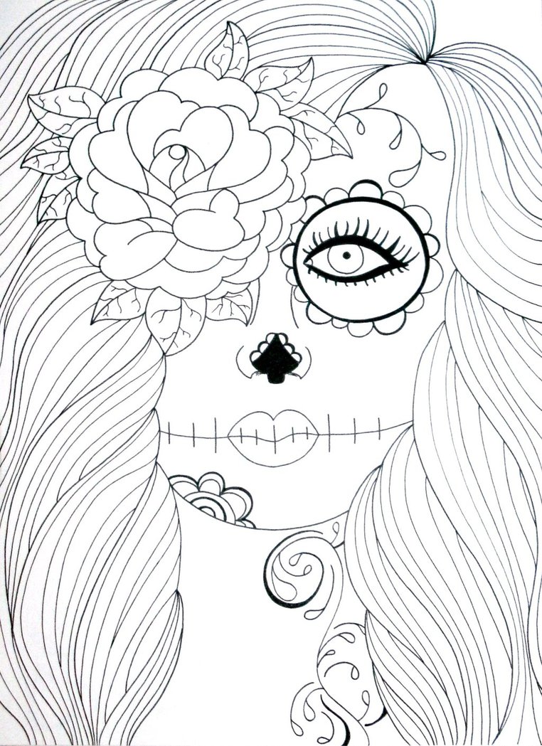 762x1049 Skull Girl With Rose Lineart By Tonitiger415