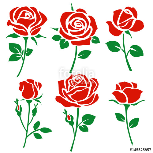 500x500 Set Of Decorative Red Rose Silhouette With Green Leaves. Vector